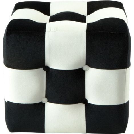 Pouf en velours "Patchwork" - 42 x 42 x 42 cm - Noir / Blanc