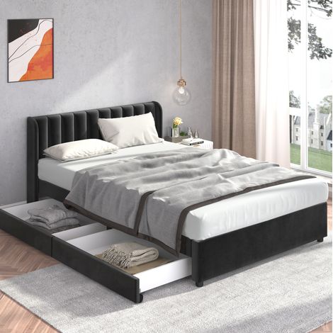 Cama tapizada moderna 160x200 cm de terciopelo negro con cabecero alto, somier de láminas y 2 cajones (1/5)