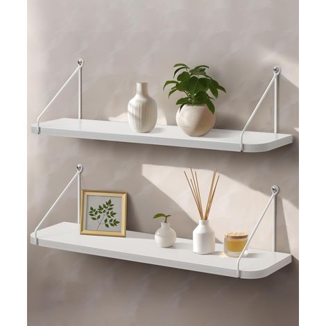 Étagères Murales Décoratives en Bois Blanc, Longueur 60 cm, Lot de 2 Équerres métalliques blanches, pour livres, plantes, cadres photo et décoration, salon, chambre, cuisine et salle de bain (1/5)
