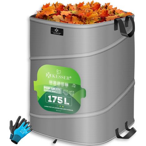 KESSER® Pop-Up-Gartensack Laubsack Gartenabfallsack inkl. Handschuhe  Selbststehend mit Griffen Stabil Robust & Faltbar  Grau / Schwarz, 1x 175 Liter