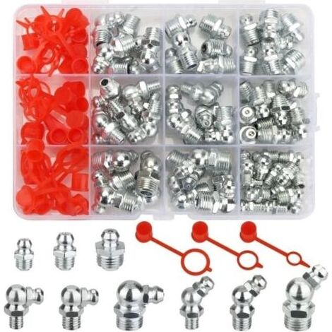100 Stück Assortiment Graisseur M6 M8 M10, Raccords Filetages Mâles Graisseurs Droits/45°/90°/180° avec Mamelon de Graisse Hydraulique, Nickelé Embout de Graissage pour Équipement Mécanique (1/5)