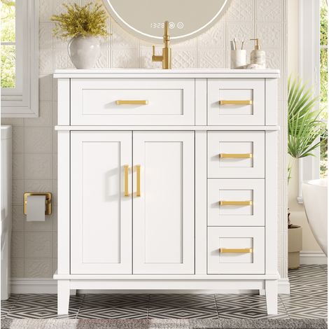 Mueble de lavabo 76x46,5x86 cm de MDF blanco con almacenaje para baño -FLORAGRACE (1/5)