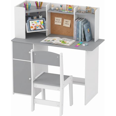 Bureau enfant avec chaise - AIYAPLAY - support de tablette réglable, porte-stylos - 5-12 ans - bois - 90 x 39 x 95 cm - gris (1/5)