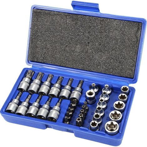 -34 Pièces Coffret de Douilles torx 3/8',CR-V Matériau profil E4-E20, Embout torx étoilé 5/16'-3/8' en Acier S2 profil T10-T60 (1/4)