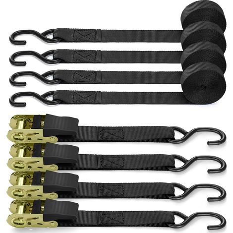 Sangle à cliquet 4 pièces, 4m, Sangle d'arrimage avec tendeur à cliquet pour Le Transport Quotidien et Le Regroupement de Marchandises, Noir (1/5)