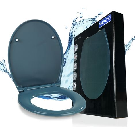 WENKO Premium WC-Sitz Samos Slate Blue, aus antibakteriellem Duroplast, mit Absenkautomatik, Blau, Duroplast dunkelblau , Edelstahl rostfrei silber matt (1/5)