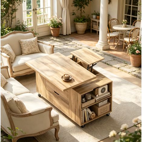 OKWISH Lift-Top Couchtisch mit Rollen, Schublade und Stauraum, Eiche hell, 100 x 50,5 x 53 cm (1/5)