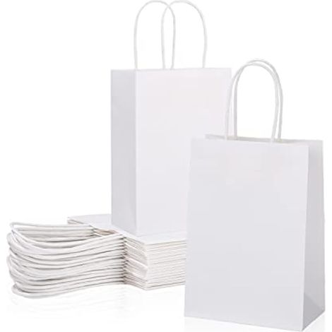 60 sacs en papier kraft avec poignées, sacs cadeaux pour fête, Noël, anniversaire, mariage, Thanksgiving, 21 x 16 x 8 cm blanc (1/4)