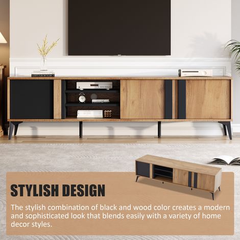 Meuble TV rustique brun, meuble bas TV, support TV, commode TV, 180 cm – pour téléviseurs jusqu’à 80 pouces avec porte et compartiment ouvert (1/5)