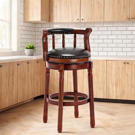 Tabouret de bar pivotant en cuir et bois massif noir classique (1/5)