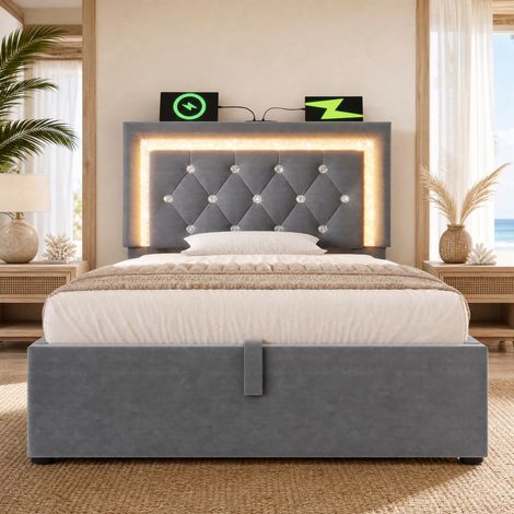 Letto contenitore 90x200 cm in velluto grigio con LED, porte USB e USB-C HAVRYA (1/5)