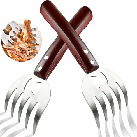 Griffes Viande – Acier Inox – 22cm – Manche Bois – Effilocher Porc/Poulet/Dinde – BBQ/Fumoir – Rouge (1/5)