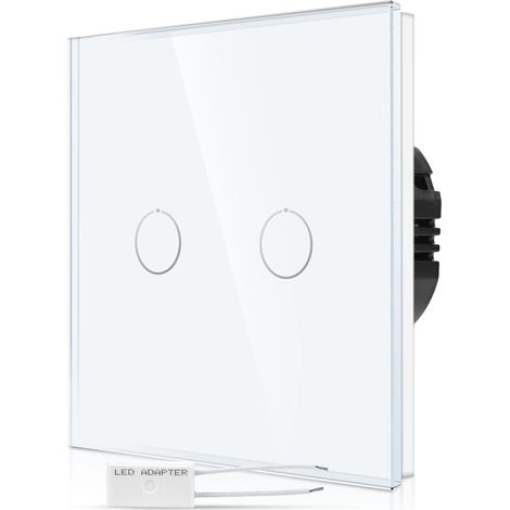 Interrupteur variateur tactile encastré - Blanc - Double variateur avec LED d'état et panneau en verre - Interrupteur mural à 2 compartiments pour lampes LED - Interrupteur tactile avec (1/5)