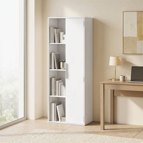 Bibliothèque à 4 niveaux avec étagères réglables, meuble de rangement avec portes et placards pour salon ou bureau, blanc (1/5)