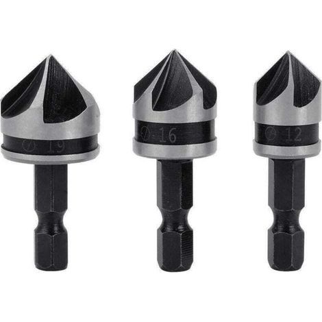 3 pièces, foret à bois à tige hexagonale en acier au carbone, chanfrein à cinq tranchants, forets 12/16/19mm, pour le bois métallique (1/4)