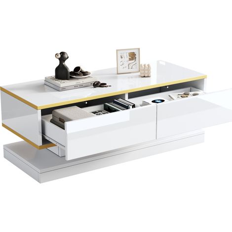 Ensemble salon moderne : meuble TV blanc brillant et table basse finition dorée (1/5)