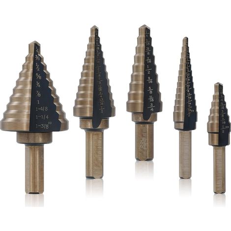 Coffret de 5 forets étagés coniques en acier, idéal pour les tôles fines. Coffret en aluminium inclus. Parfait pour les bricoleurs. (1/5)