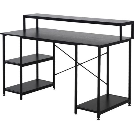 Mesa de escritorio para oficina/estudio con 3 estantes, mesa superior, patas ajustables antideslizantes acolchadas, estructura metálica, 140x60x93 cm, negra. (1/5)