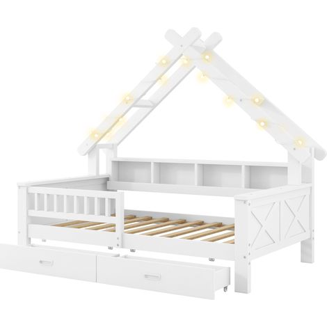 Cama infantil en forma de casa 90 x 200 cm blanca con LED, estantes, cajones y barrera de seguridad (1/5)