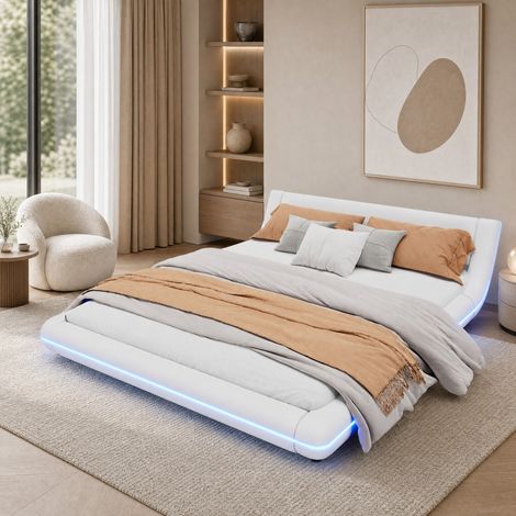 160 x 200 cm Bodenbett mit LED-Beleuchtung, weiß, PU und MDF HAVRYA (1/5)