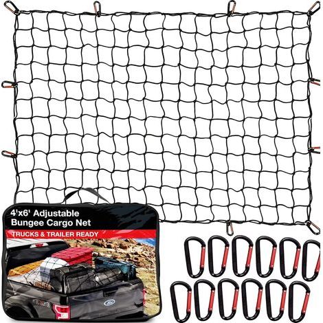 Cargo Net for Pickup Truck Bed (4' x 6' Stretches to 8' x 12') Heavy Duty Pickup Truck Bed Accessories - 12 Metal Carabiners, Bungee Mesh Accessory with Strap Hooks for SUV, Trailer Tarp (1/5)