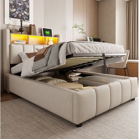 Lit coffre rembourré en lin beige 90x200 cm avec LED, USB/Type-C et rangement intégré (1/5)
