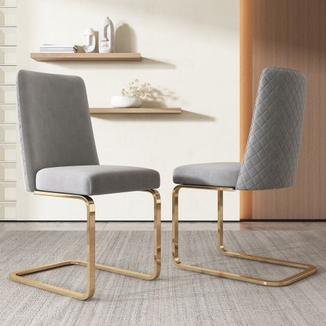 Set di 2 sedie da pranzo in velluto, schienale a diamante, gambe di supporto in metallo dorato, grigio (1/5)