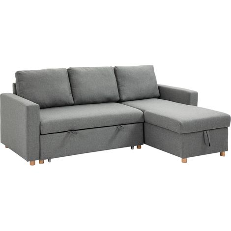 Sofá cama esquinero, sofá modular de 3 plazas con chaise longue reversible, compartimento de almacenamiento integrado y 3 cojines de respaldo, tejido con aspecto de lino, gris. (1/5)
