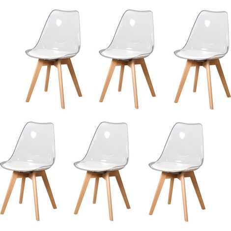 Wokaka Set di 6 Sedie da Pranzo - Stile Scandinavo - Gambe in Legno Massello - Acrilico Trasparente - Bianco