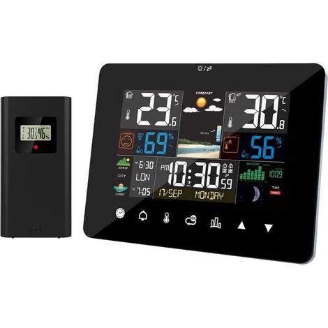 Station météo avec capteur sans fil intérieur/extérieur, affichage du lever et du coucher du soleil, réveil, thermomètre, hygromètre, écran tactile et capteur extérieur sans fil. (1/5)
