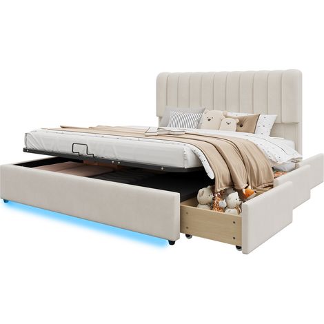 Stauraumbett 140 x 200 cm aus Samt, Doppelbett mit 3 Schubladen und LED, ohne Matratze, Beige (1/5)