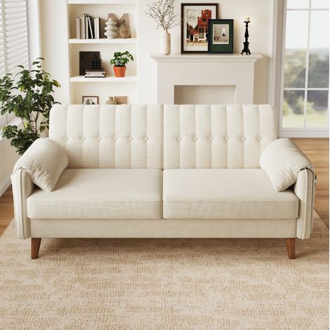 Divano a 2 posti 161.5x79x83.5 cm, schienale capitonné, cuscini inclusi, gambe in legno massello, chenille beige (1/5)