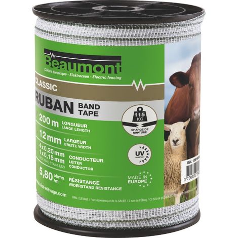 Beaumont – Ruban blanc/vert 12mm – 200m – Polyéthylène traité anti-UV – Résistance mécanique et tenue au vent exceptionnelles