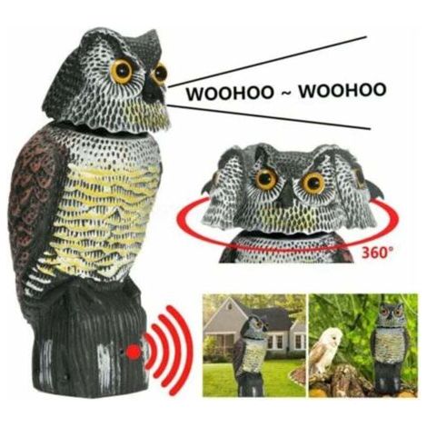 Épouvantail réaliste avec tête rotative, sons, motif hibou, appât anti-insectes, idéal pour les jardins et les terrasses. (1/4)