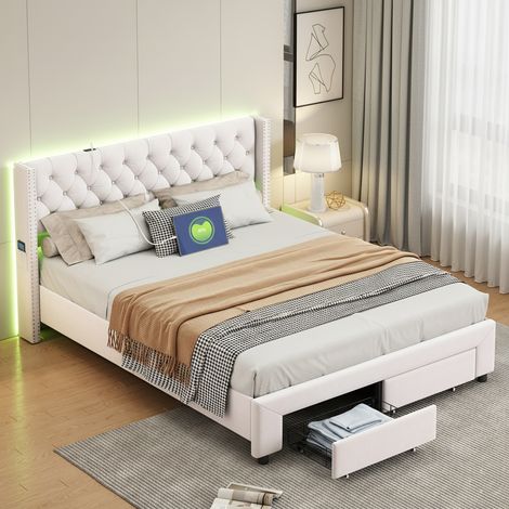 Fortuna Lai – Lit adulte 140x190cm avec 2 tiroirs – Tête de lit LED RGB avec port USB – Sommier à lattes en bois massif – Velours beige