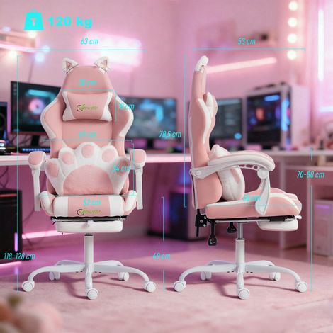Fauteuil de jeu ergonomique, fauteuil gamer Ă oreilles de chat en similicuir avec soutien lombaire, repose-pieds et appui-tĂŞte, rose (1/5)