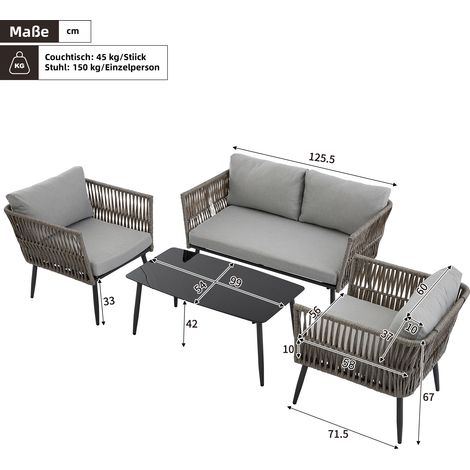 Salon de jardin avec coussins confortables : canapé 2 places, 2 fauteuils, table basse, corde PE tressée, plateau verre noir, acier galvanisé, gris