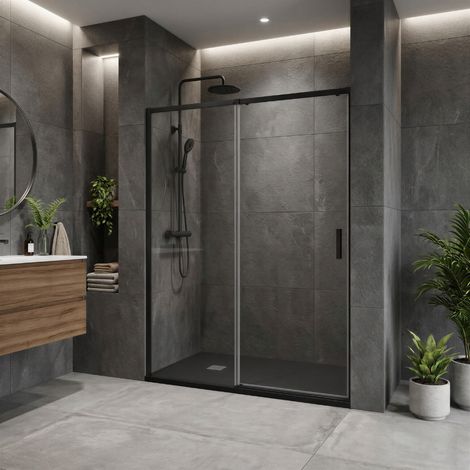 Pack douche (entre 3 murs) Noir : receveur 120 x 80 cm + paroi coulissante