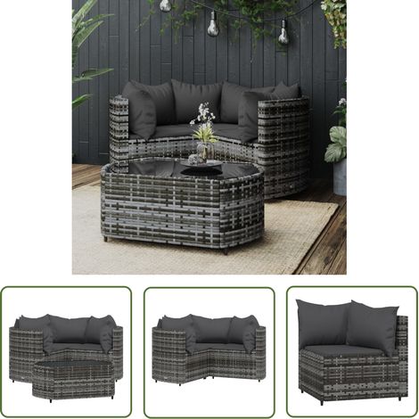 The Living Store Salon de jardin 4 pcs avec coussins Gris Résine tressée - Salon De Jardin - Mobilier De Jardin - Set De Salon Extérieur - Table Basse - Chaise Lounge (1/5)