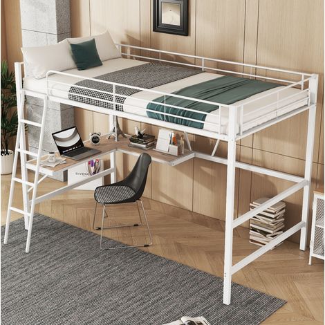 Hochbett 90x200 cm Mit Metallgestell Und Weißem L-förmigem Schreibtisch (1/5)