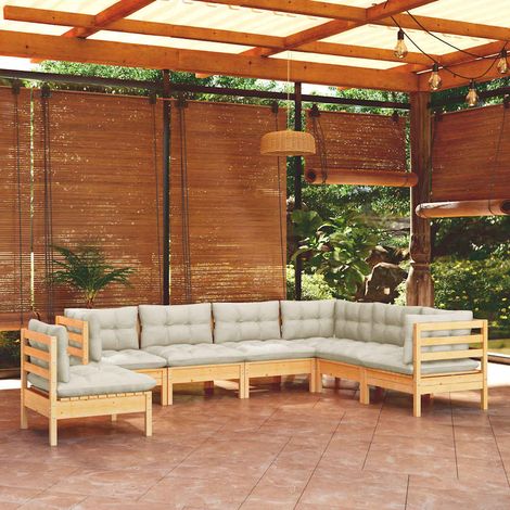vidaXL Muebles de jardín 7 pzas y cojines madera maciza de pino crema (1/5)