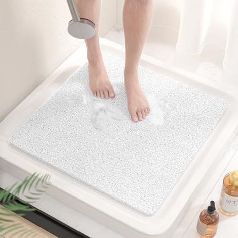 Tapis de Douche Antiderapant, 60x60cm Tapis de Baignoire Antidérapant sans Ventouse, Doux PVC Luffa Tapis de Bain pour Salle de Bain, Séchage Rapide, Drainage Efficace, Blanc (1/3)