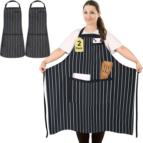 2 Pièces Tablier de Cuisine à Rayures Taille Grande pour Homme Femme Tabliers de Chef Réglables avec 3 Poches Longues Sangles (1/4)