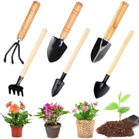 Lot de 6 Outils de jardin, Mini pelle en acier, Poignée en bois, Pour plantes succulentes et pots (1/5)