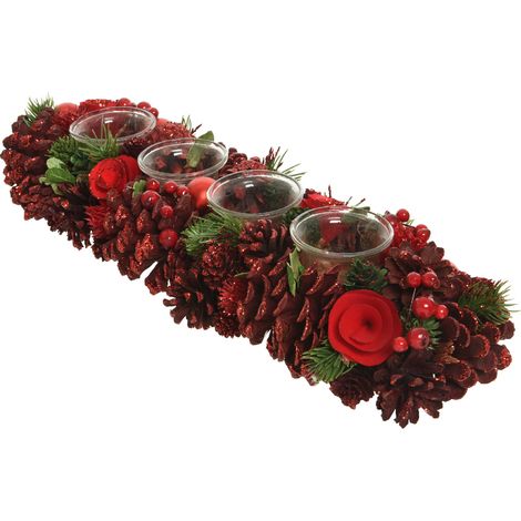 Portacandele a forma di pigna rettangolare con bacche verdi pino palline fiori di legno 4 portacandele in vetro 15 x 45 x 9 cm