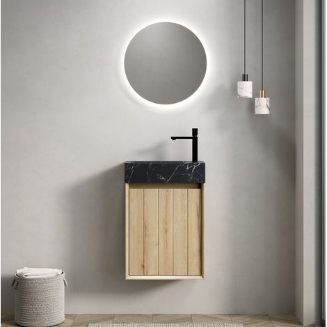 Mobile lavabo sospeso moderno 40 cm con lavabo integrato in marmo nero e 1 anta, finitura rovere bianco (1/5)