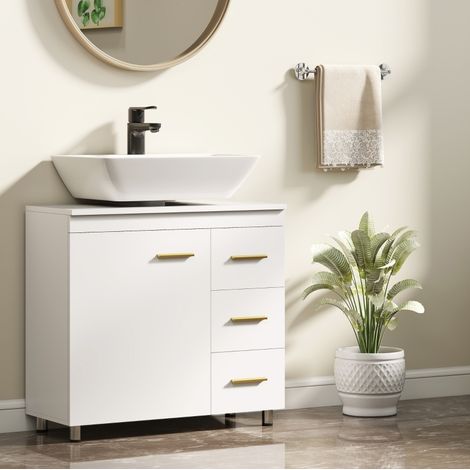 Mueble de baño con lavabo moderno blanco de MDF y aglomerado, 2 puertas, 3 cajones, 70 x 30 x 65 cm (1/5)
