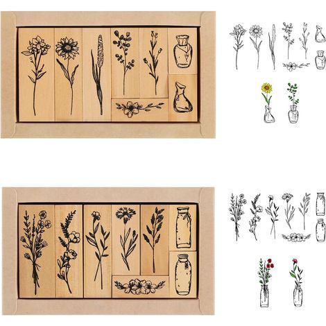 Set di 16 timbri in legno, timbri naturali con motivi vegetali per scrapbooking, set di timbri vintage in legno per lavori creativi, scrapbooking, journaling e creazione di biglietti. (1/5)