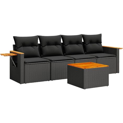 Salon de jardin 5 pcs  Mobilier de jardin avec coussins noir résine tressée (1/5)