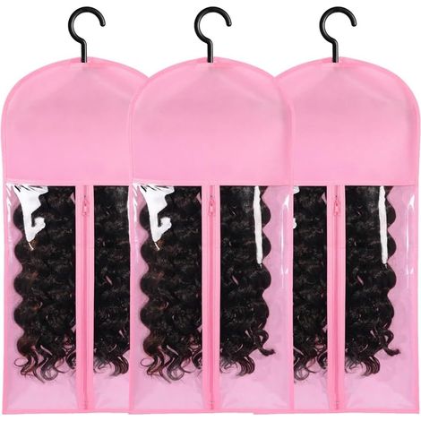 Lot de 3 supports pour extensions de cheveux pour plusieurs perruques, sacs avec crochet de rangement pour extensions de cheveux, rose (1/5)